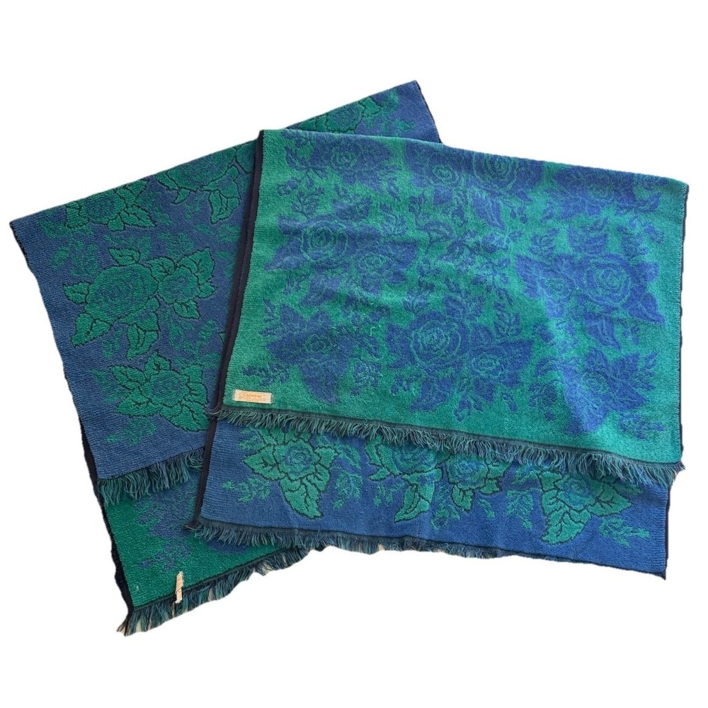 Vintage Callaway Blue Green Rose Bath Towels Set 2 Fringe Floral USA MCM